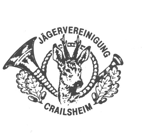 Ein Hirschkopf zwischen zwei Jagdhörnern und Eichenblättern. Text: "JÄGERVEREINIGUNG CRAILSHEIM".
