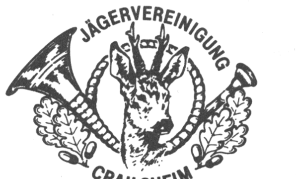 Ein Hirschkopf zwischen zwei Jagdhörnern und Eichenblättern. Text: "JÄGERVEREINIGUNG CRAILSHEIM".